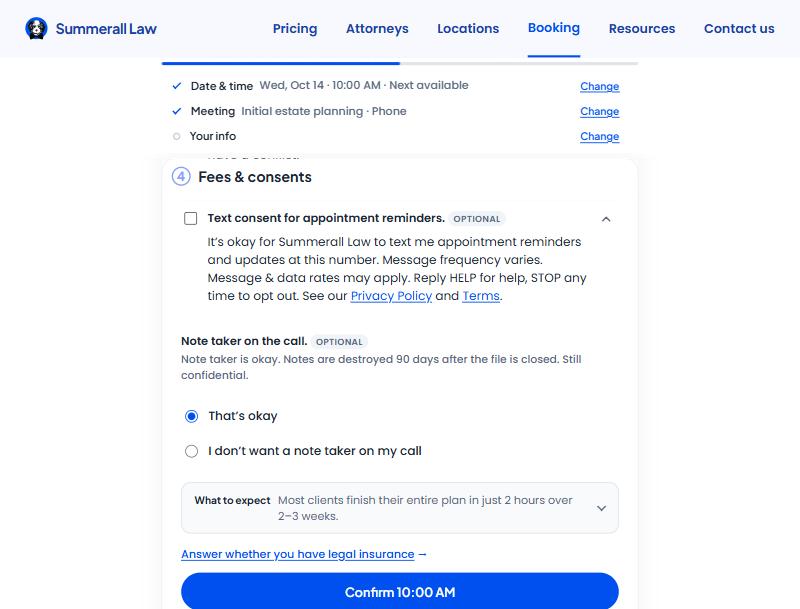 Step 4 of the Summerall Law booking form, headed Fees and consents, showing an unchecked checkbox labelled Text consent for appointment reminders, marked OPTIONAL, above the consent wording quoted on this page.